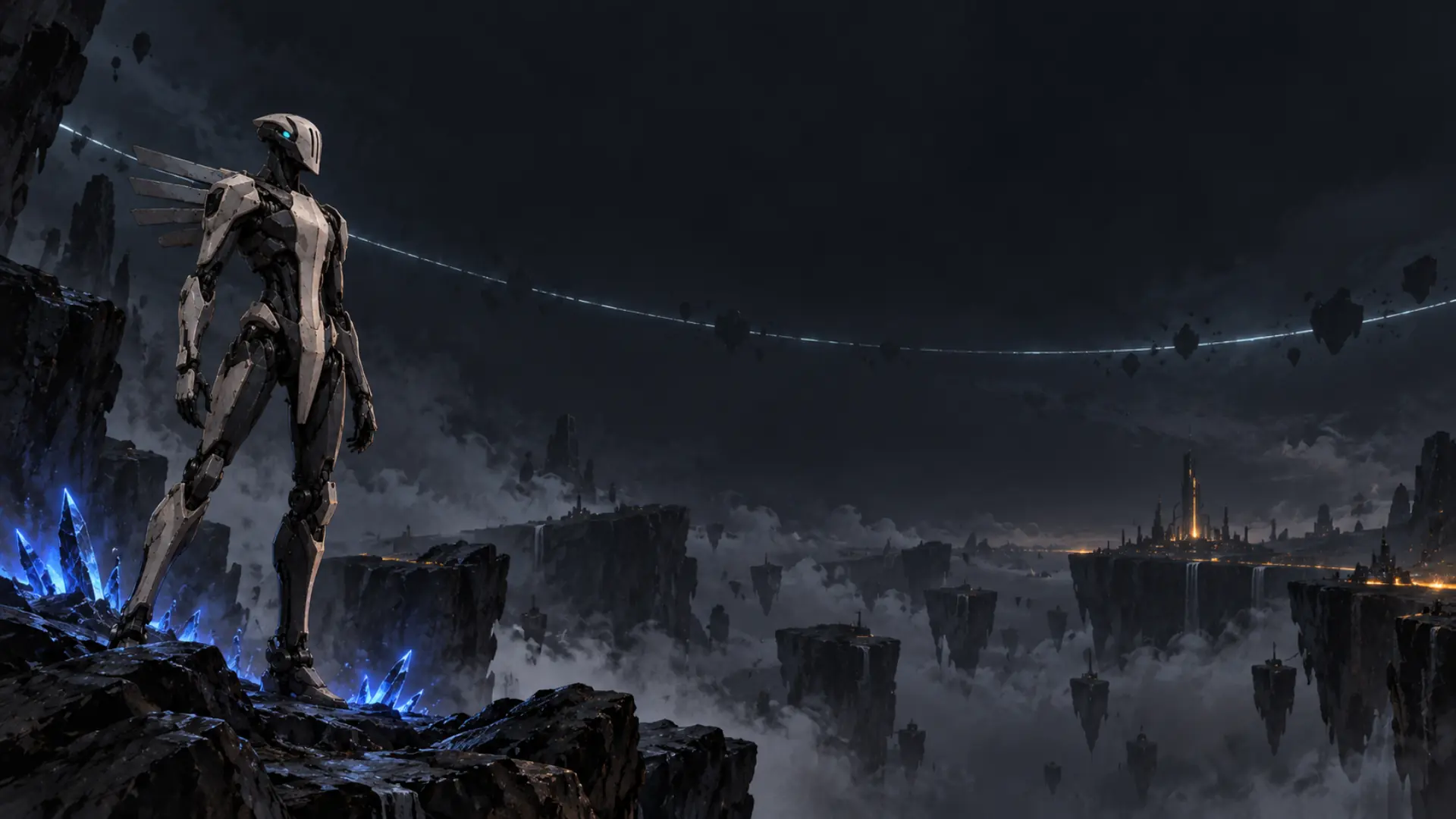 CORE-1 stands on a broken ledge and looks out over floating islands in the dark