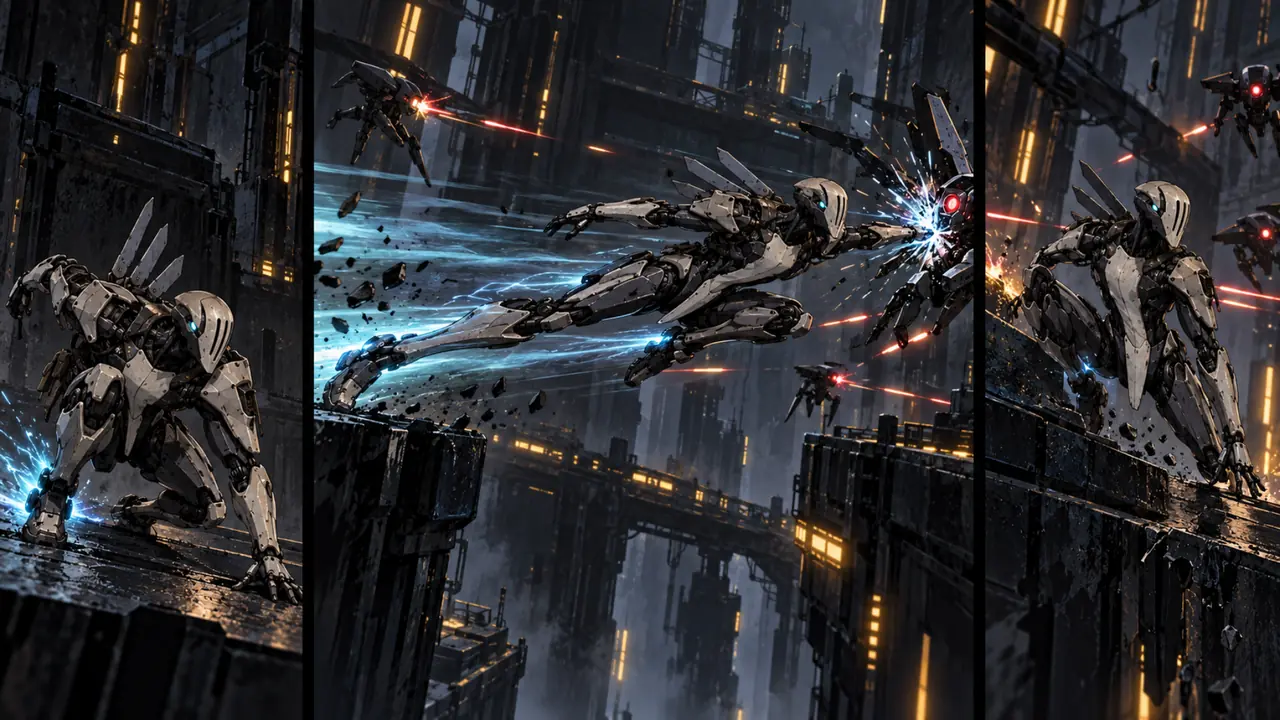 Three-panel action study: CORE-1 crouches, dashes across a gap in a streak of blue light and strikes a flier, then lands on the next ledge