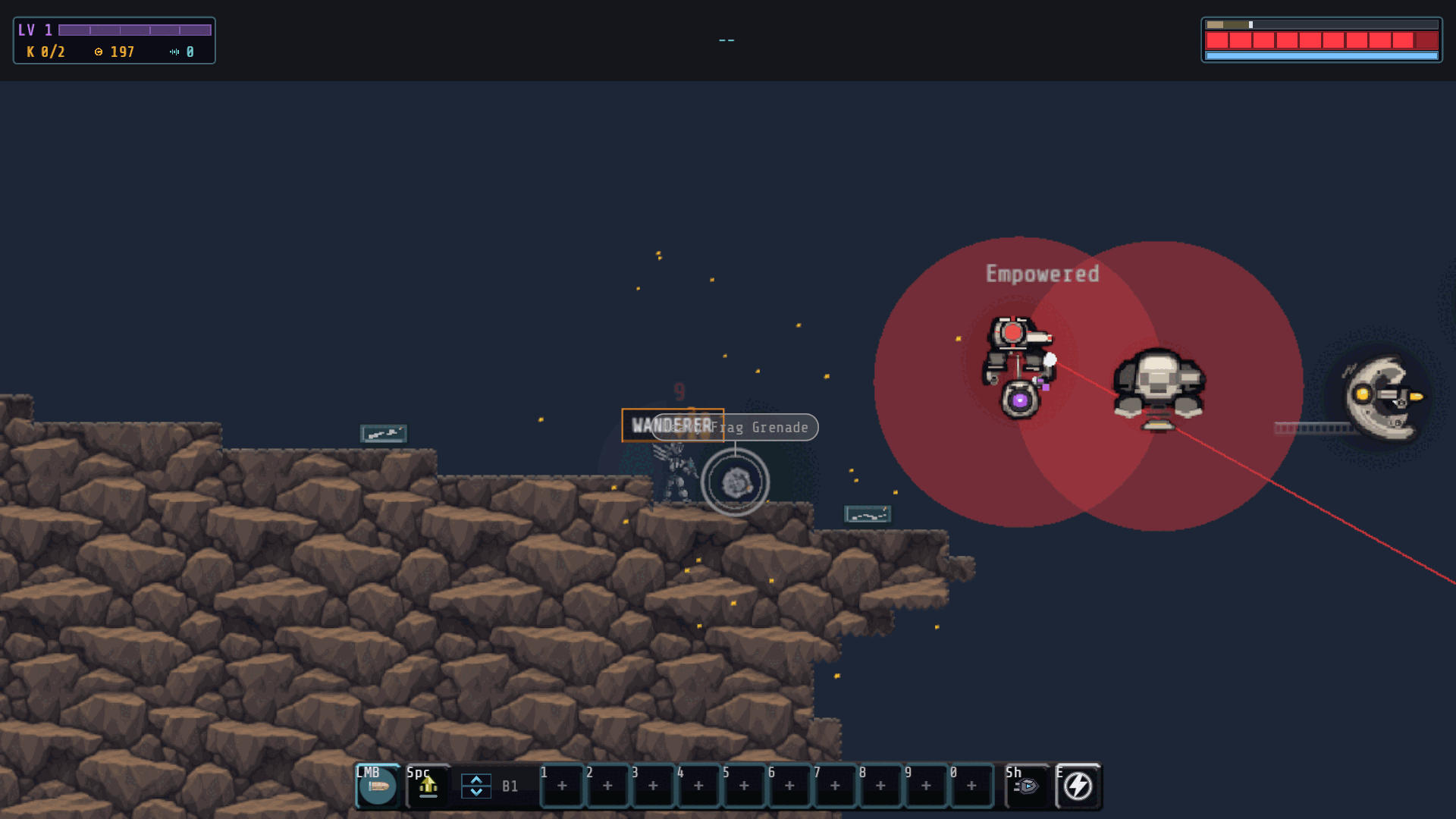 CORE-1 fights a Herald, a Lens and a Daemon on a rocky floating island, with tracer fire and sparks