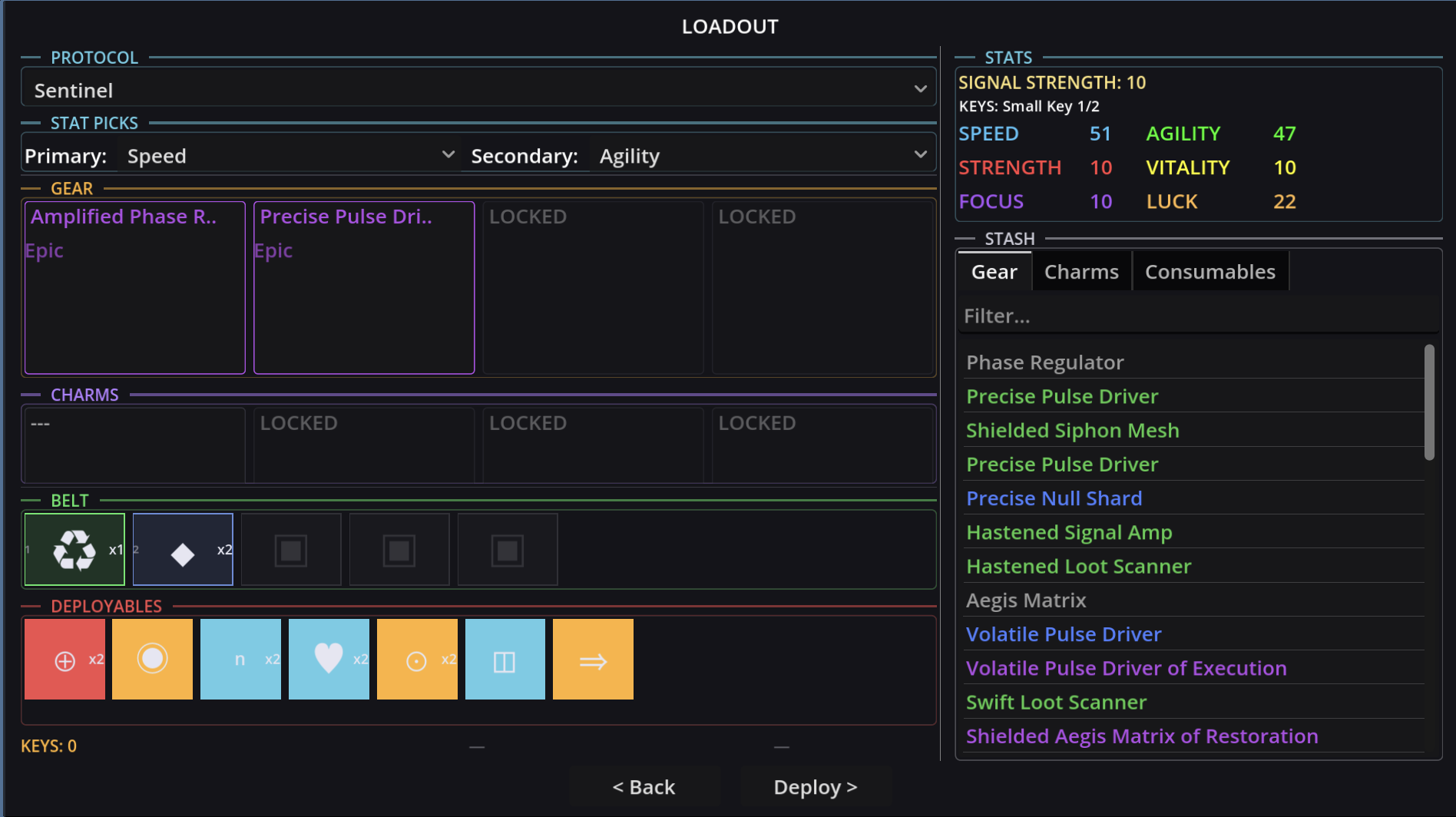 Loadout panel — Sentinel protocol equipped