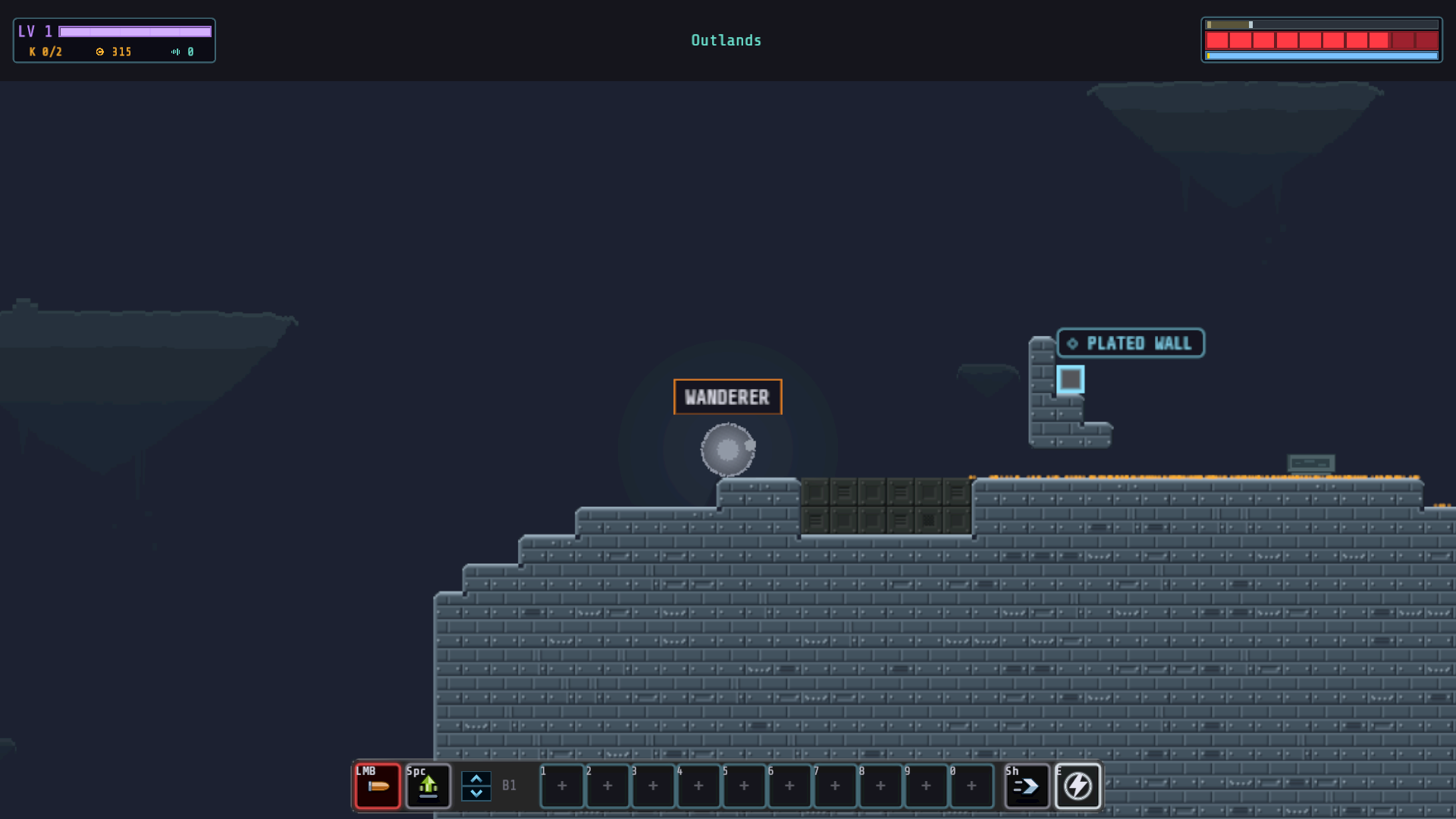 A pit dug into an island and a plated wall built beside it with the Terrain Shaper